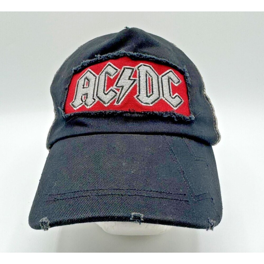 AC/DC Black Mesh Snap Back Trucker Hat Distressed Bio Domes Vintage 2004 Cap